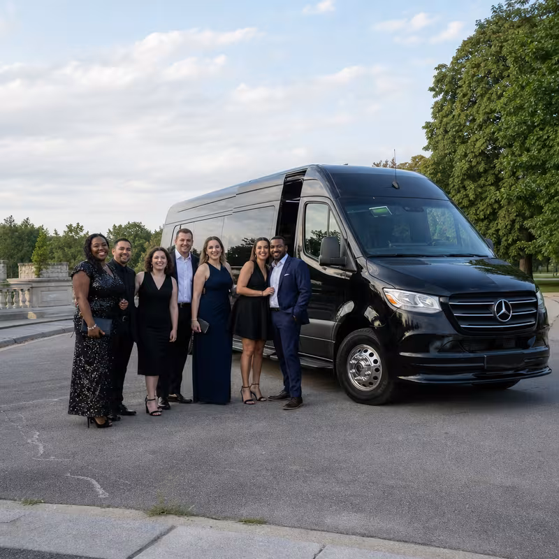 Group beside a Mercedes Sprinter limo from the Indianapolis fleet