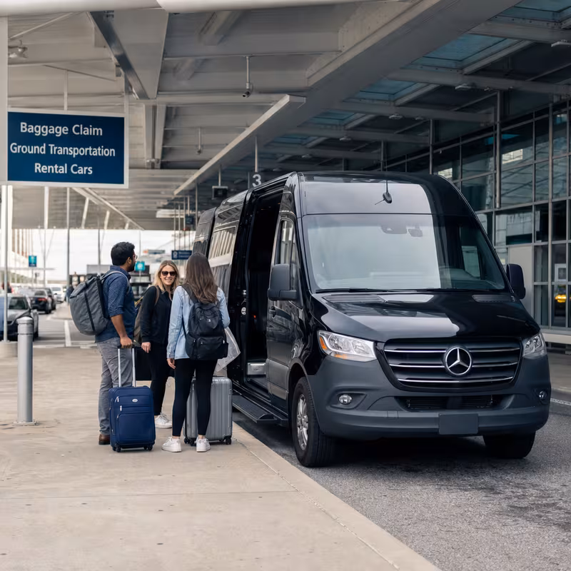 Group boarding a white charter bus for Airport Transportation transportation in Indianapolis