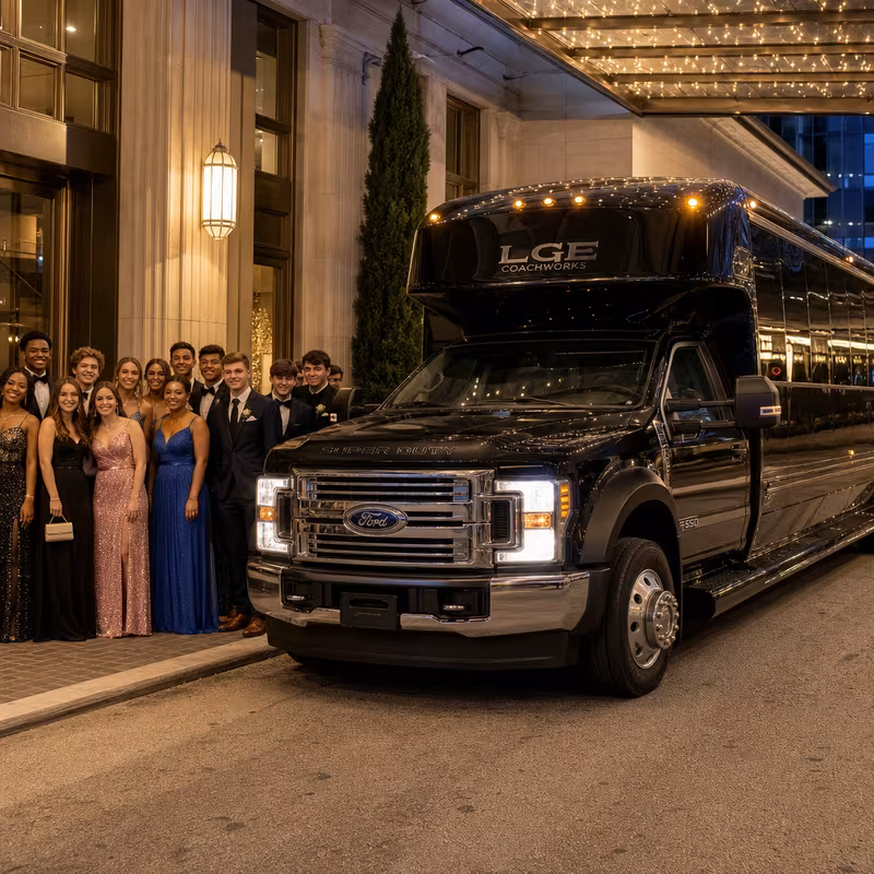 Party bus interior with wraparound leather seating and LED lighting in Indianapolis